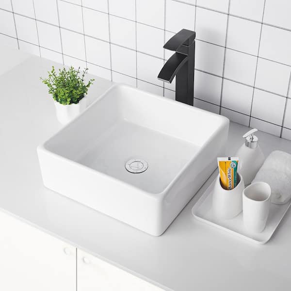 15 in. Bathroom Porcelain Ceramic Art Basin Square Vessel Sink in White