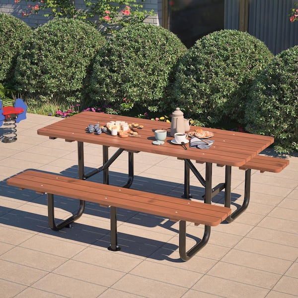 Thanaddo 72 in. Brown Rectangle Steel Frame Picnic Table Set Seats