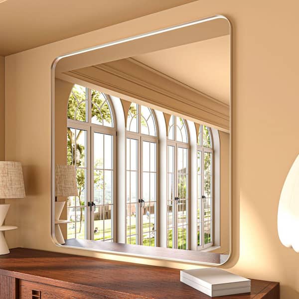 48 in. W x 40 in. H Rectangular Aluminum Framed Modern Silver Rounded Wall Mirror