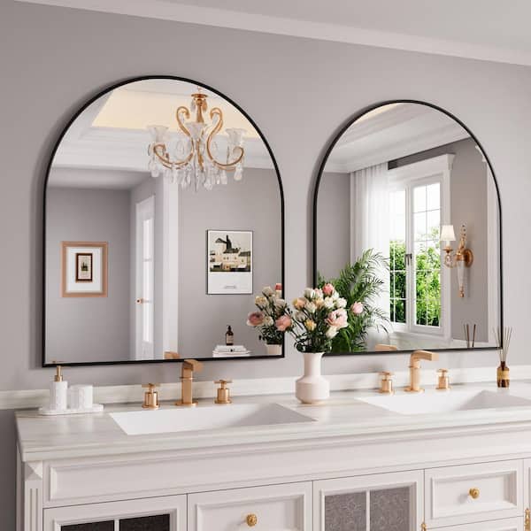 Modern 30 in. W x 34 in. H Arched Black Metal Framed Wall Mirror Vanity Mirror