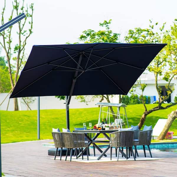 9 ft. x 12 ft. Large Outdoor Aluminum Cantilever 360-Degree Rotation Patio Umbrella with Base, Navy Blue