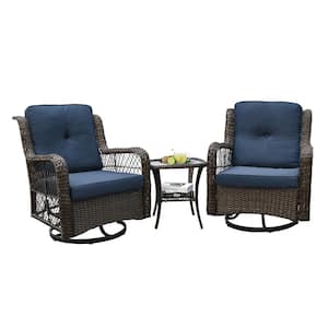 3-Piece wicker outdoor rocking chairs. 360° rotating rocking chair. Comes with coffee table and red seat cushions.