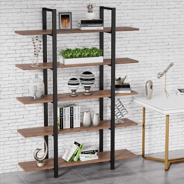 Fraley 70 in. Tall Brown Wood and Black Metal Frame 5-Tier Radial Shelves Bookcase Storage Rack Plant Stand