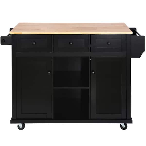 Black Rubber Wood MDF Kitchen Cart with Drop-Leaf Countertop and Cabinet Door Internal Storage Racks