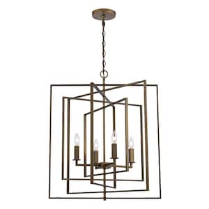 El Capitan 26 in. 4-Light Antique Gold Pendant Light Fixture with Caged Metal Shade