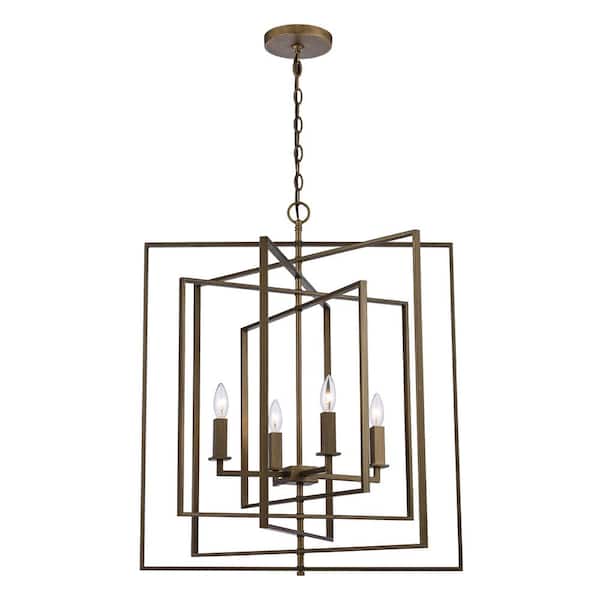 El Capitan 26 in. 4-Light Antique Gold Pendant Light Fixture with Caged Metal Shade