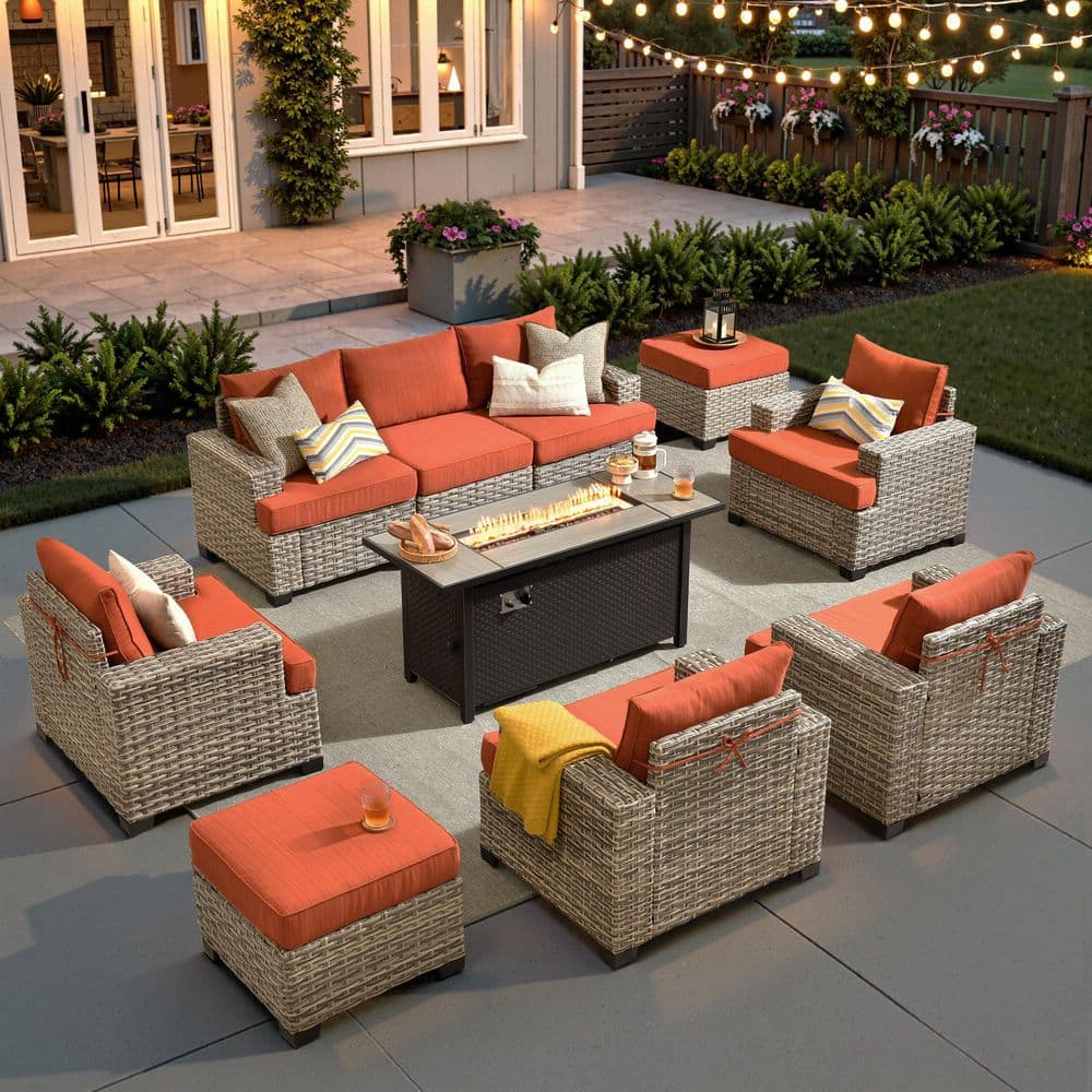 Tobest 10-Piece Wicker Outdoor Patio Conversation Sofa Set with 54 in. Fire Pit Table, Red/Orange Cushions price history on PriceWatchPro