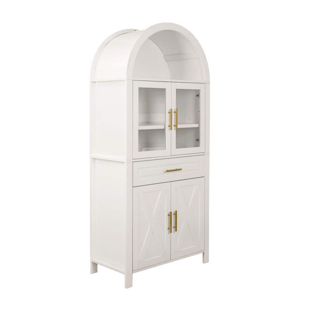 Arched Kitchen Pantry Cabinet White Wood 32 in. x 71 in. Pantry Cabinet with Glass Barn Door & Adjustable Shelves