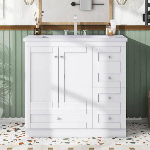 35.8 in. W Single Sink Bath Vanity in White with White Solid Surface Top, 4-Soft-close Drawers and 2-Soft-close Doors