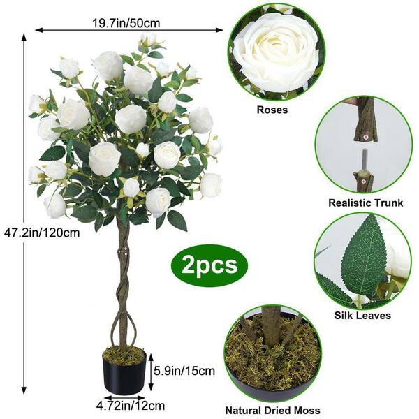 2-Pack 4 ft. Artificial White Rose Trees in Black Pots-Tall Faux