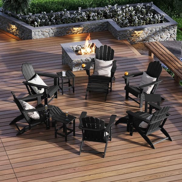 Aderson 12-Piece All Weather Fade Resistant Outdoor Plastic Adirondack Chair Patio Conversation Lounge Set in Black