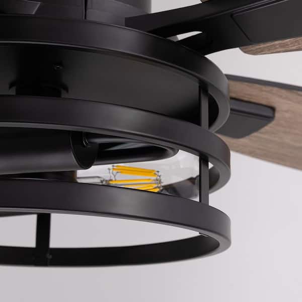 46 in. Indoor Matte Black Layered Caged Ceiling Fan with Light Kit, Five Reversible Blades and Remote Included