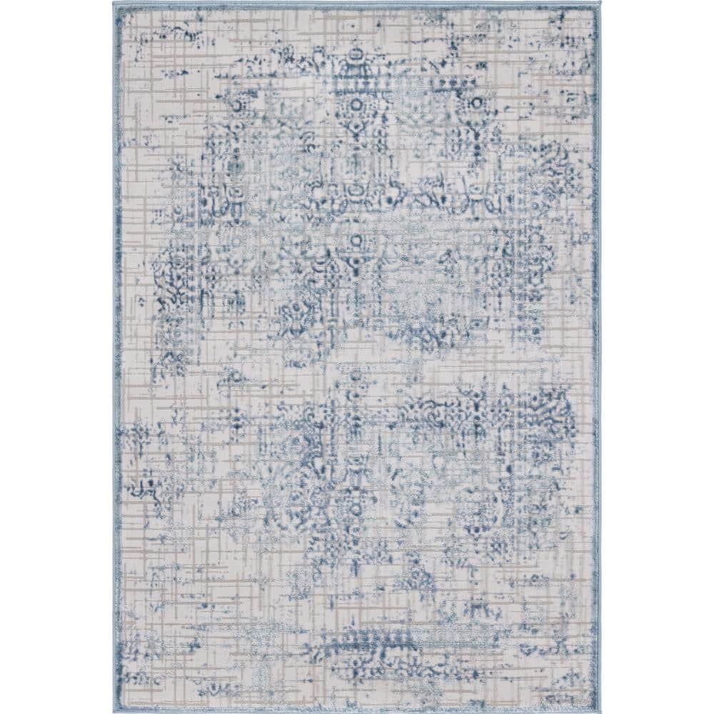 Braided Edge Blue Floral 4' x 6' Synthetic Rectangular Rug