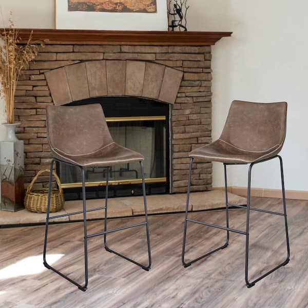 Leisure Chair 30. in Faux Coffee Brown Leather, High Back, Black Steel Bar Stool (Set of 2)