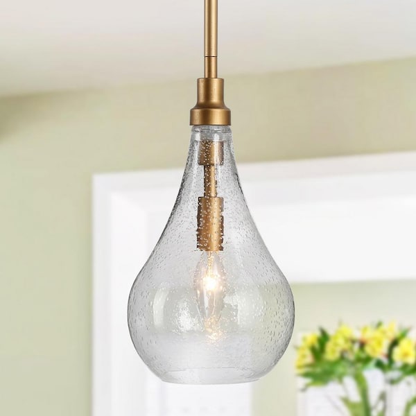 Uolfin 1 Light Modern Farmhouse Vintage Brass 6 In Mini Glass Pendant Light With Seeded Glass Shade 46bv2mhd23623jr The Home Depot