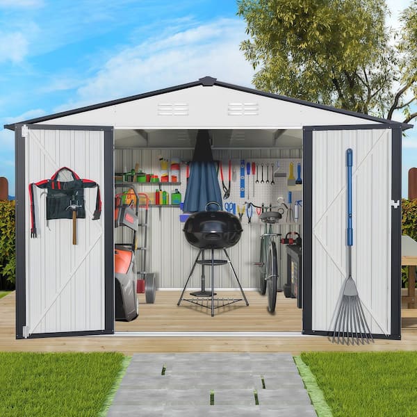 10 ft. W x 8 ft. D Outdoor Metal Storage Shed with Lockable Doors for Garden, Patio, Backyard, Lawn, White (75 sq. ft.)
