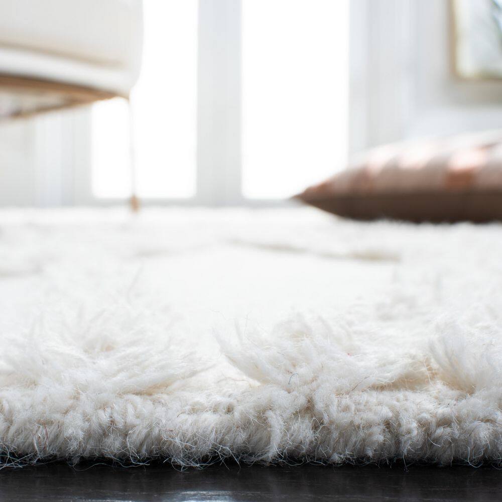 Ivory and Brown Hand-Tufted Wool Square Shag Rug, 6'x6'