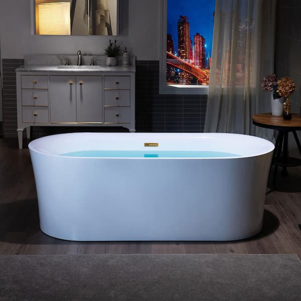 WOODBRIDGE 67 in. x 31.5 in. Acrylic FlatBottom Double Ended Soaking Bathtub with Brushed Gold Center Drain in White
