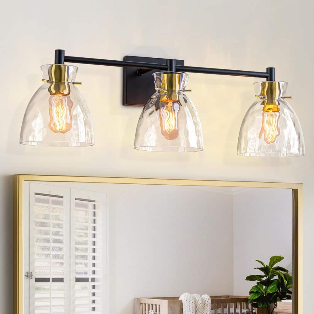 25 in. 3-Light Black and Gold Bathroom Vanity Light with Clear Water Ripple Glass Shades,Modern Wall Sconce for Bathroom price history on PriceWatchPro