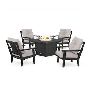 Prairie 5-Pieces Plastic Patio Fire Pit Deep Seating Set in Black with Dune Burlap Cushions
