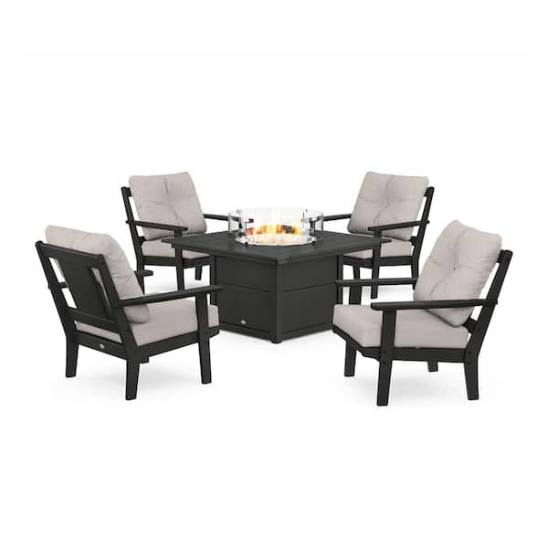POLYWOOD Prairie 5-Pieces Plastic Patio Fire Pit Deep Seating Set in Black with Dune Burlap Cushions