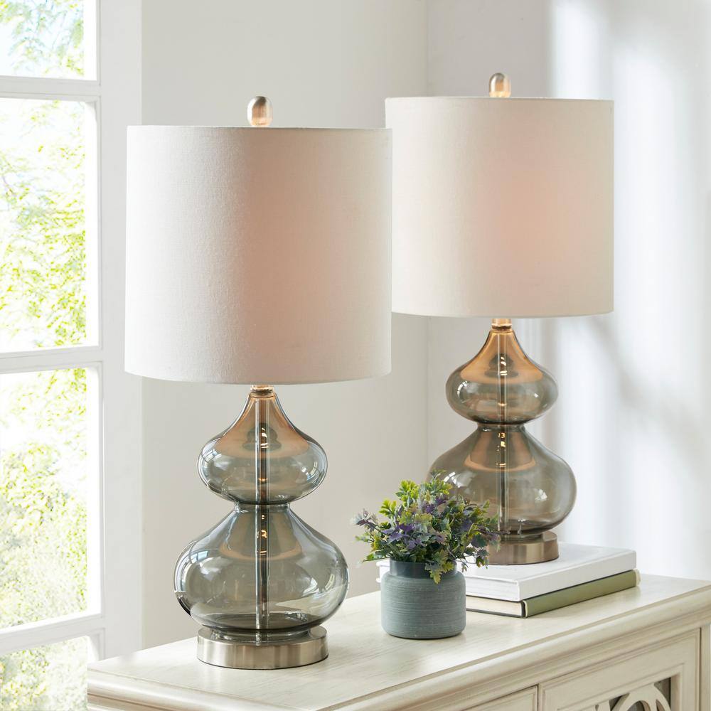 Gray Glass Table Lamp Set with White Drum Shade