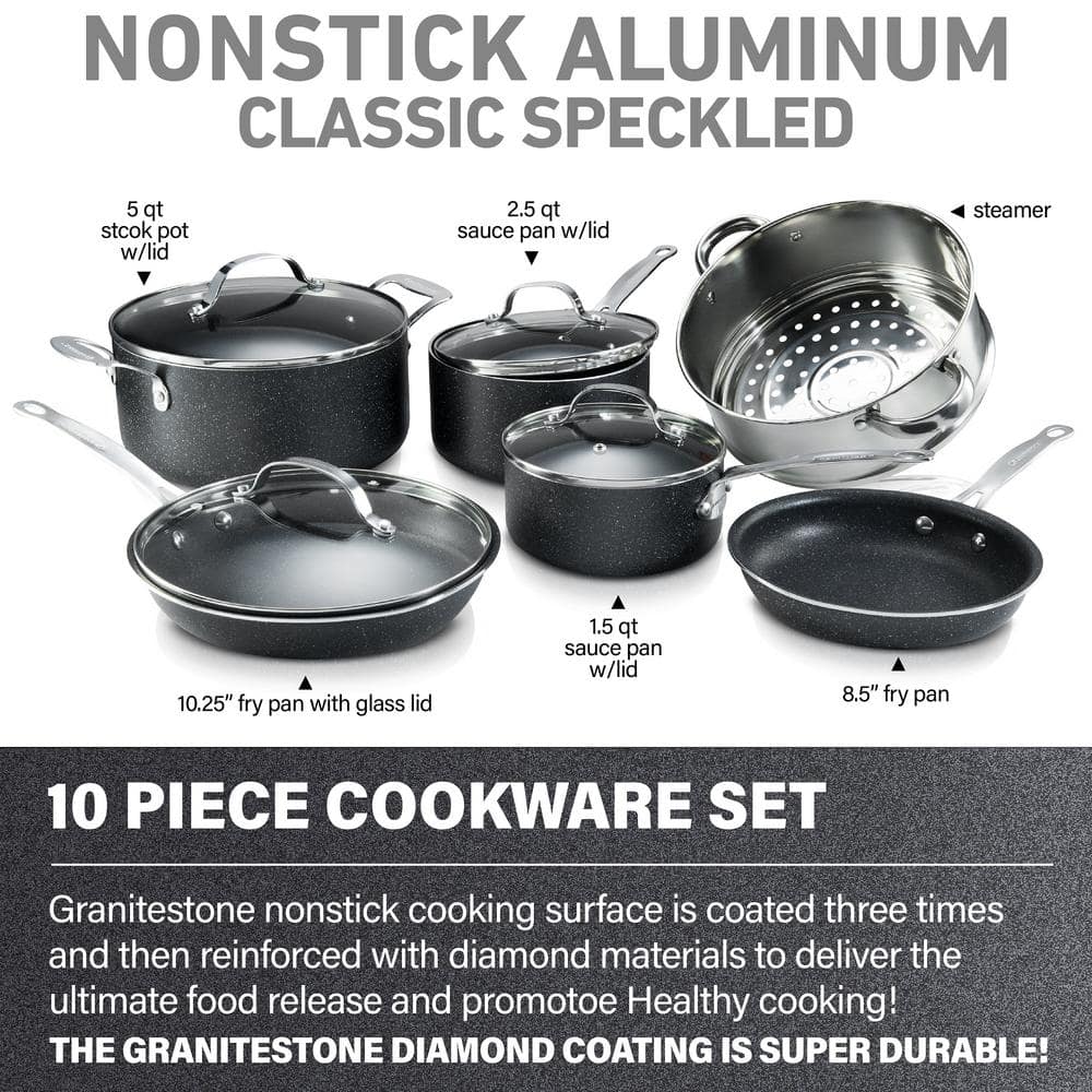 Granite-Coated Black Aluminum 10-Piece Nonstick Cookware Set