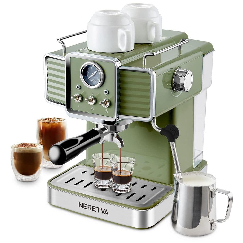 JAZAVA 2 Cups Green Espresso Machine with Milk Frother Steam Wand