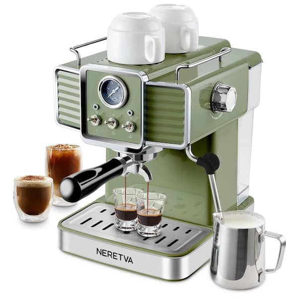 2 Cups Green Espresso Machine with Milk Frother Steam Wand