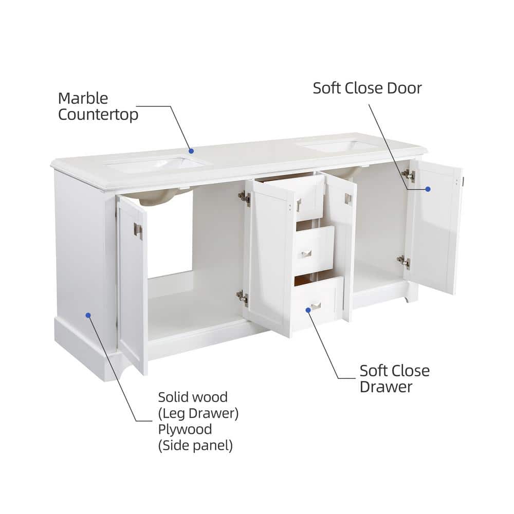 72'' White Plywood Double Bathroom Vanity with Marble Top