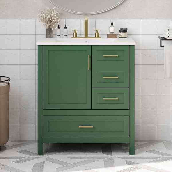FAMYYT 30 in. Single Sink Freestanding Green Solid Wood Frame Bath Vanity with White Ceramic Top, Removable Tray