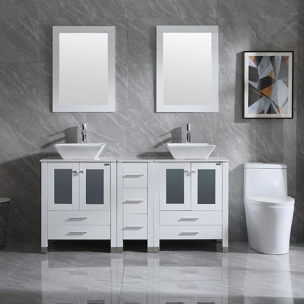 60 in. Double Ceramic Square Vessel White Sinks Freestanding White Bath Vanity with White Solid Surface Top and Mirrors