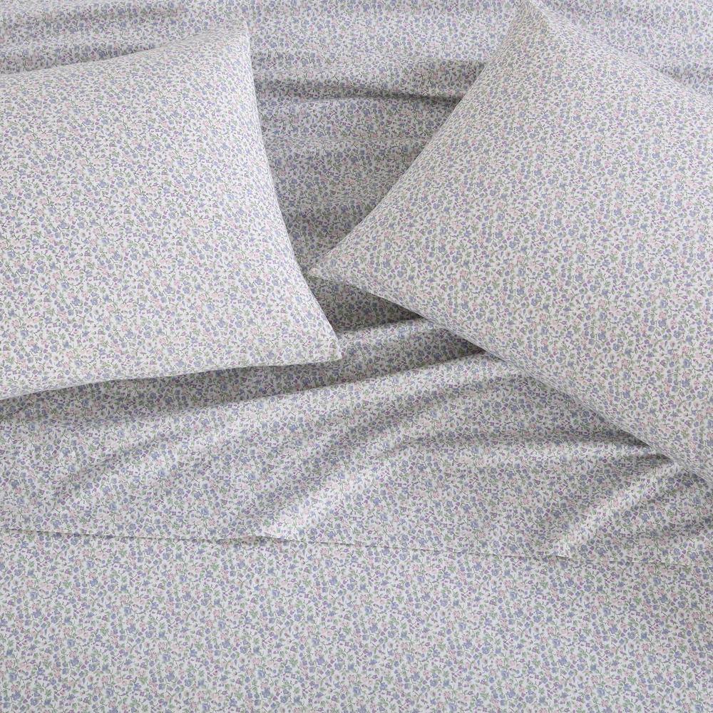King White Cotton Percale Sheet Set with Floral Print