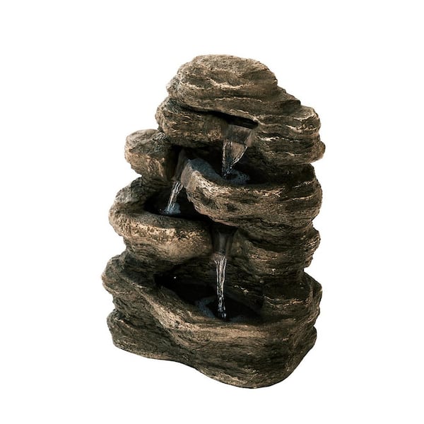 XBRAND 23.6 in. H Polystone/Stone Powder Classic Stacked Rock Waterfall Fountain, LED Lights and Pump, Multilevel Water Feature