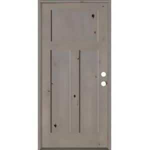 32 in. x 80 in. Rustic Knotty Alder 3 Panel Left-Hand/Inswing Gray Stain Wood Prehung Front Door