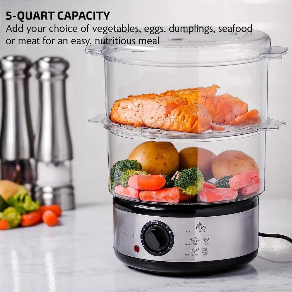 Silver 2-Tier Electric Food Steamer with Stainless Steel Base