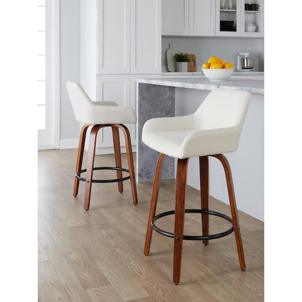 Daniella 25.5 in. Cream Fabric, Walnut Wood and Black Metal Fixed-Height Counter Stool (Set of 2)