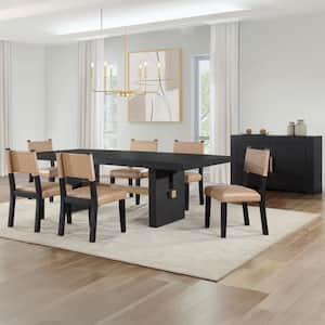 Aubrey 7-Piece 78 in. Black Wood Dining Room Set with 6-Brown Faux Leather Side Chairs and 18 in. Leaf