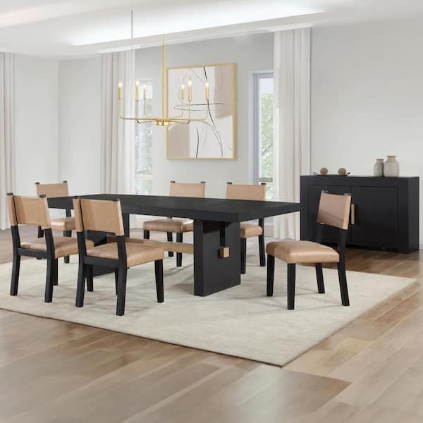Steve Silver Aubrey 7-Piece 78 in. Black Wood Dining Room Set with 6-Brown Faux Leather Side Chairs and 18 in. Leaf