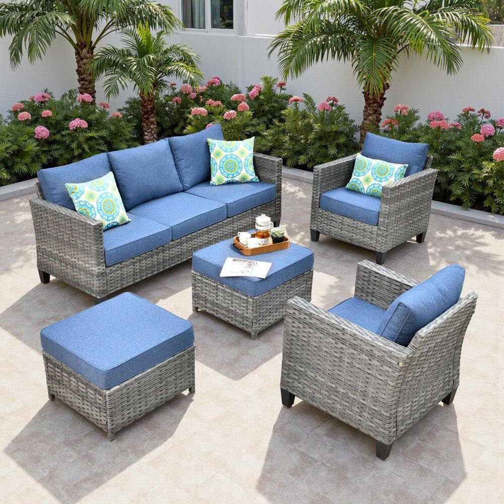 Camden 5-Piece Gray 3-Seat Wicker Patio Furniture Outdoor Patio Conversation Set with Denim Blue Cushion and Ottoman price history on PriceWatchPro