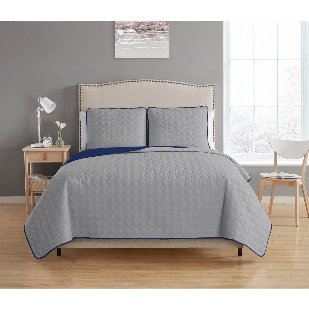Bethany Reversible 3-piece Grey/Navy Full/Queen Quilt Set