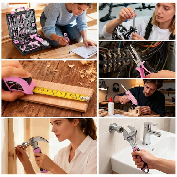 Laybus 188-Pcs Pink Tool Set Drill Set with Pink Cordless Drill