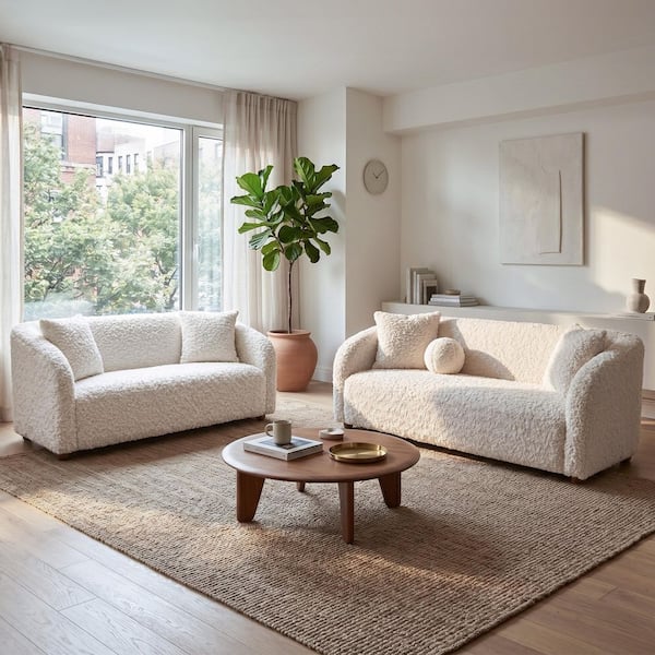 Gaine 2-Piece White Wood Frame Fabric Fiber Upholstered Living Room Set with Pocket Coils