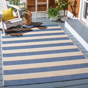 Courtyard Beige/Blue Doormat 3 ft. x 5 ft. Awning Stripe Indoor/Outdoor Area Rug