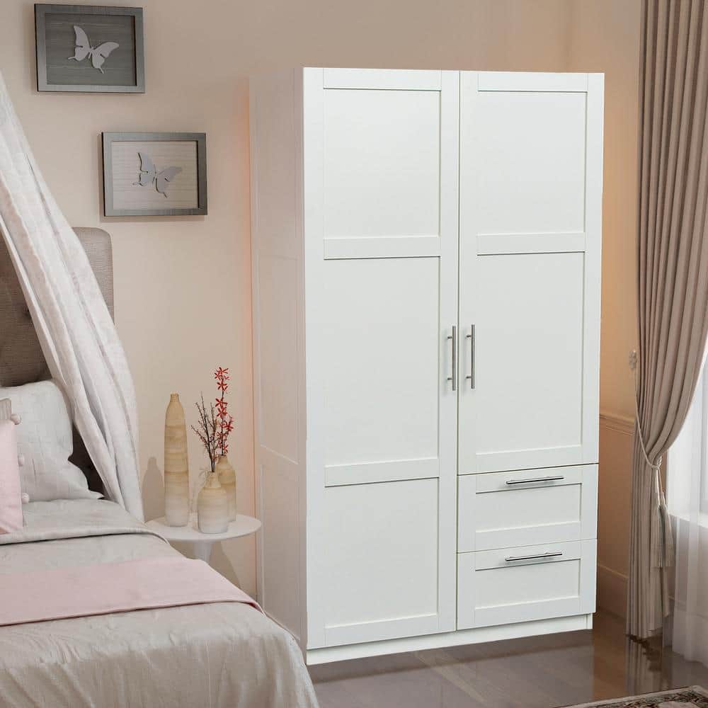 White Armoire with 2 Doors, 2 Drawers and 5 Storage spaces 70.87 X 39.37 X 