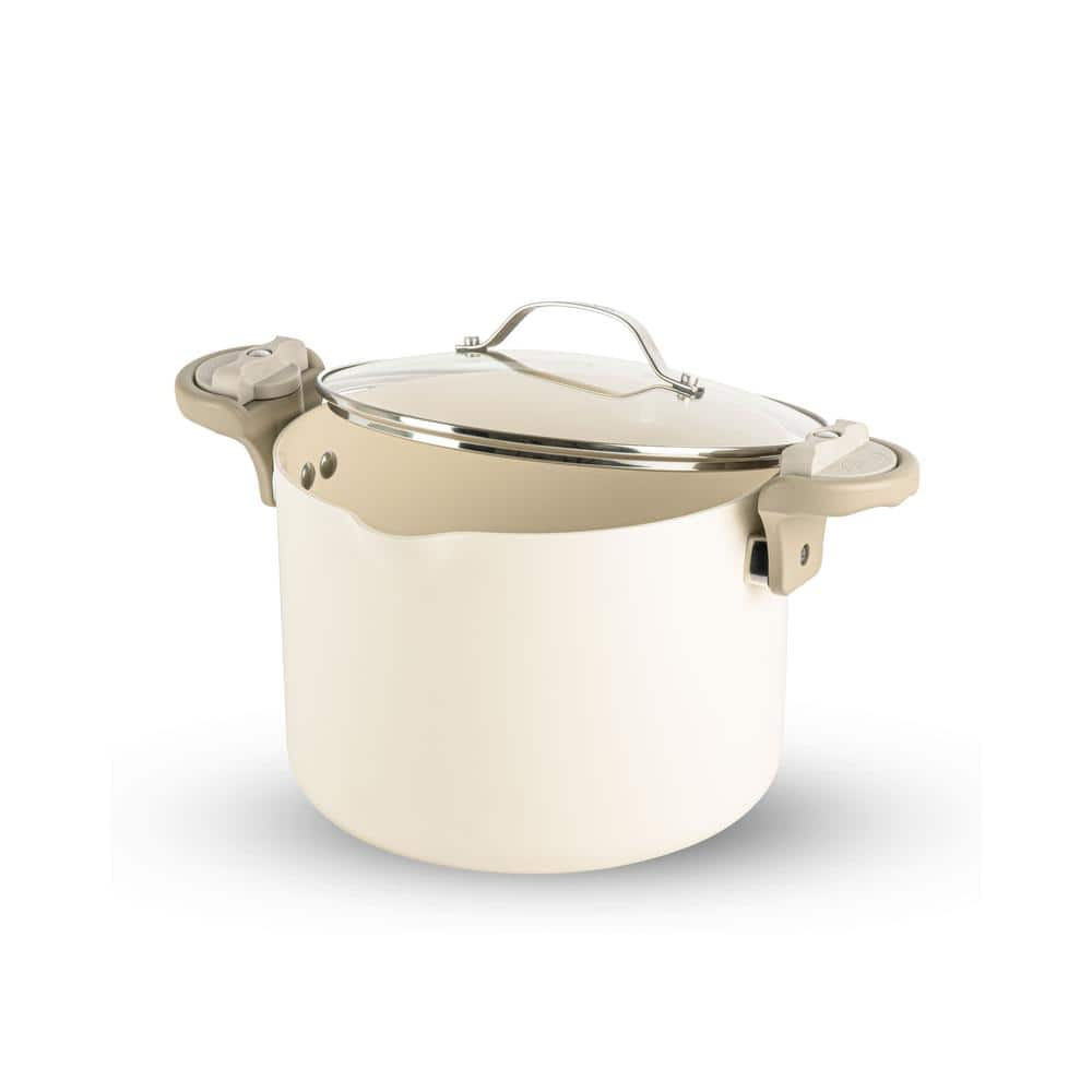 Gotham Steel Natural Collection 8 qt. Aluminum Ceramic Nonstick Pasta Pot in Cream with Lock Handles and Lid