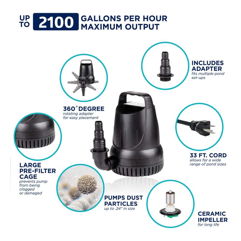 Alpine Black 2100GPH Submersible Waterfall and Fountain Pump