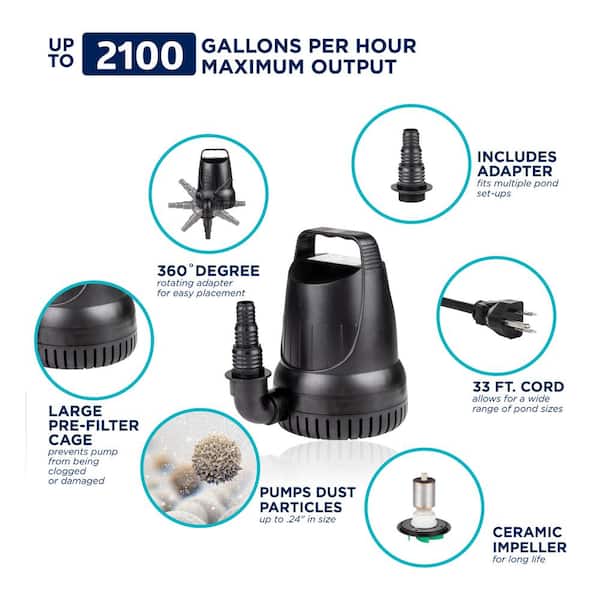 Submersible 2100 GPH Fountain Hurricane Pump for Large Fountains and Birdbaths