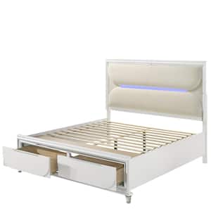 Tarian White Wood Frame King Panel Bed with Drawers and Lighted Headboard