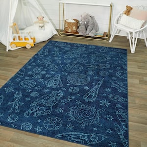 Space Rockets Blue 4 ft. x 6 ft. Area Rug